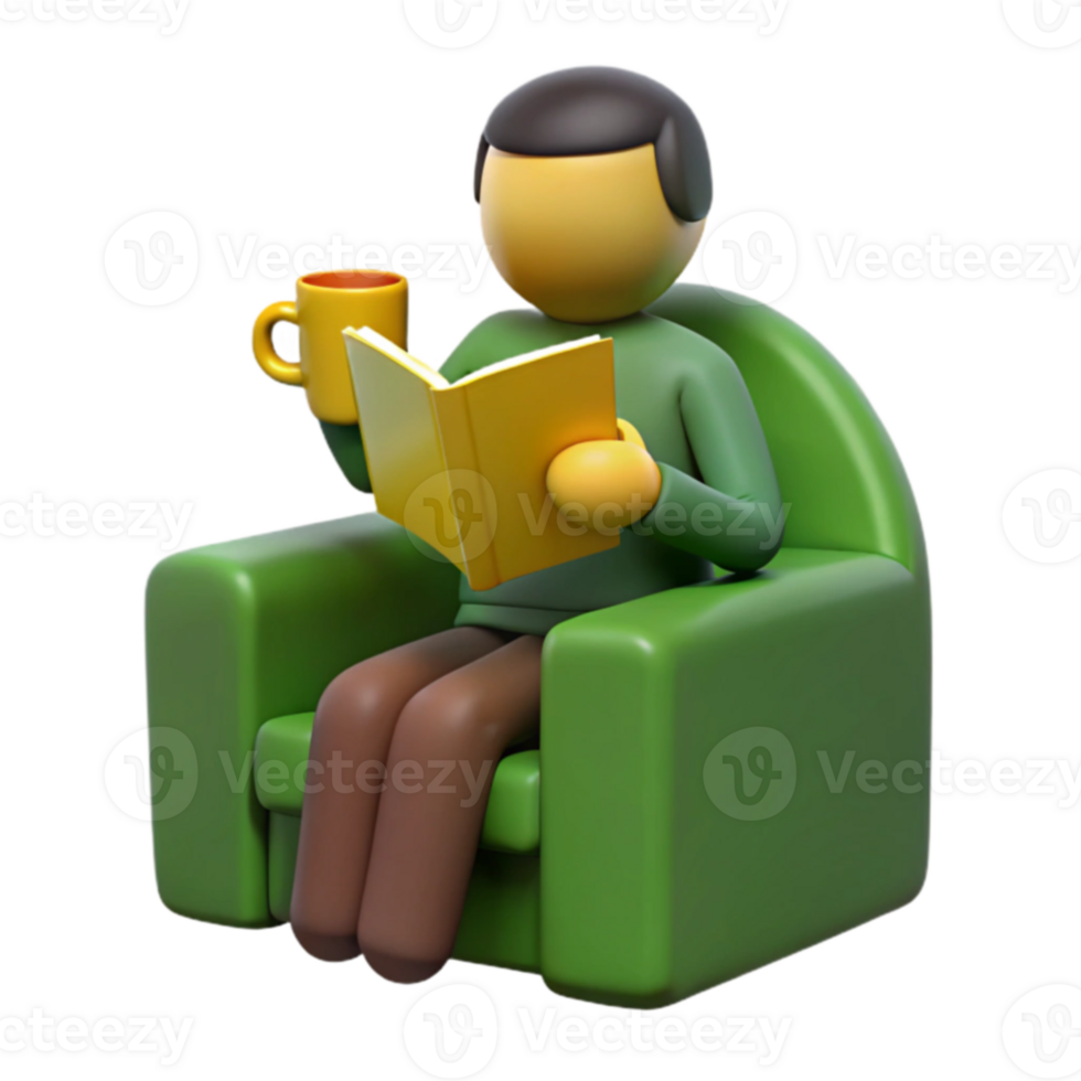Relaxed 3D Character Enjoying a Book and a Drink png