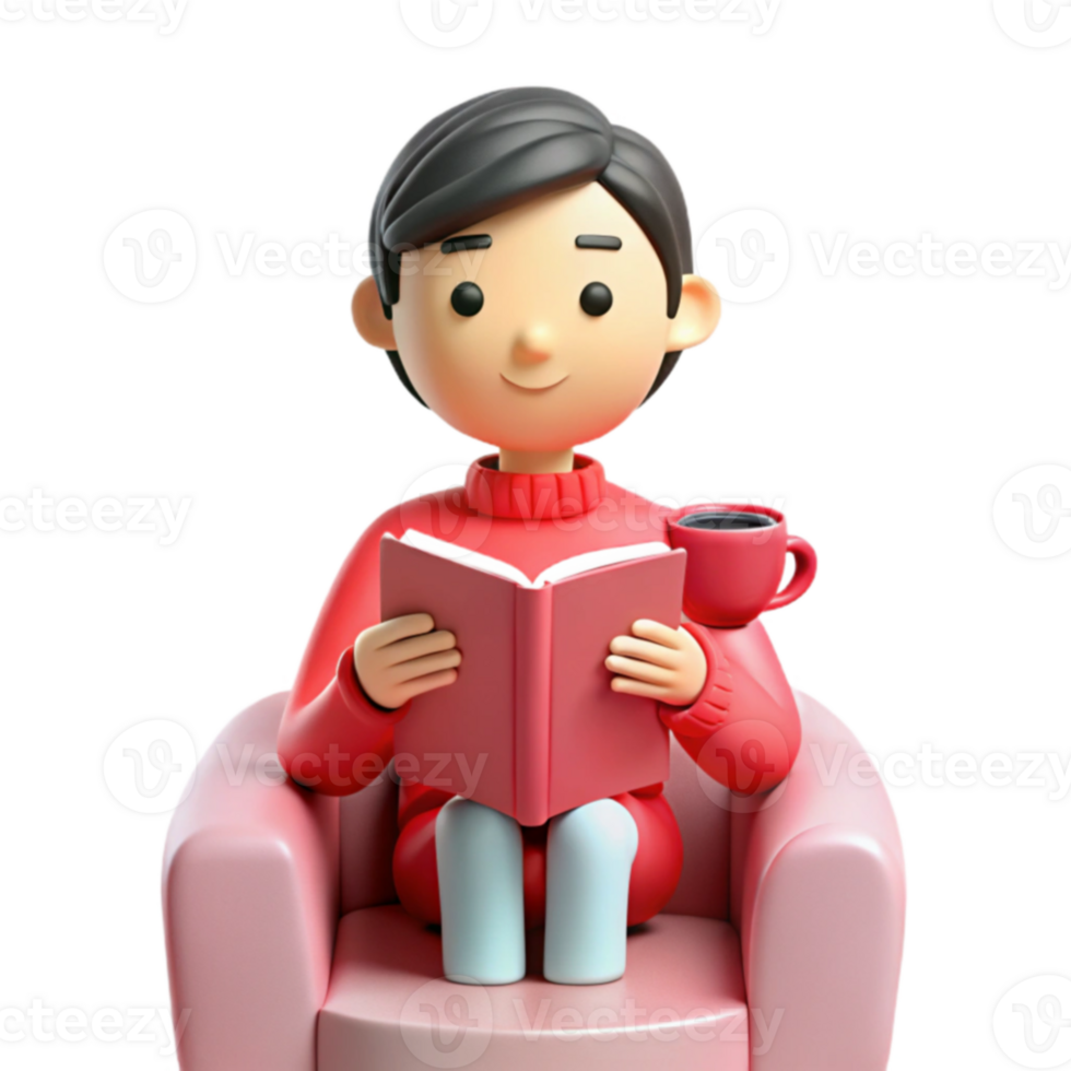 3D Cartoon Character Relaxing in a Pink Armchair and Reading a Book png