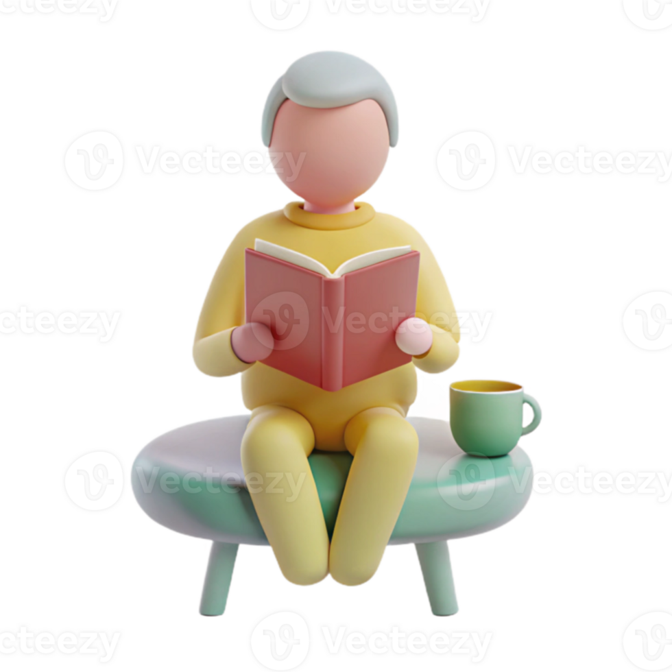 3D Illustration of a Person Reading a Book and Drinking Coffee png
