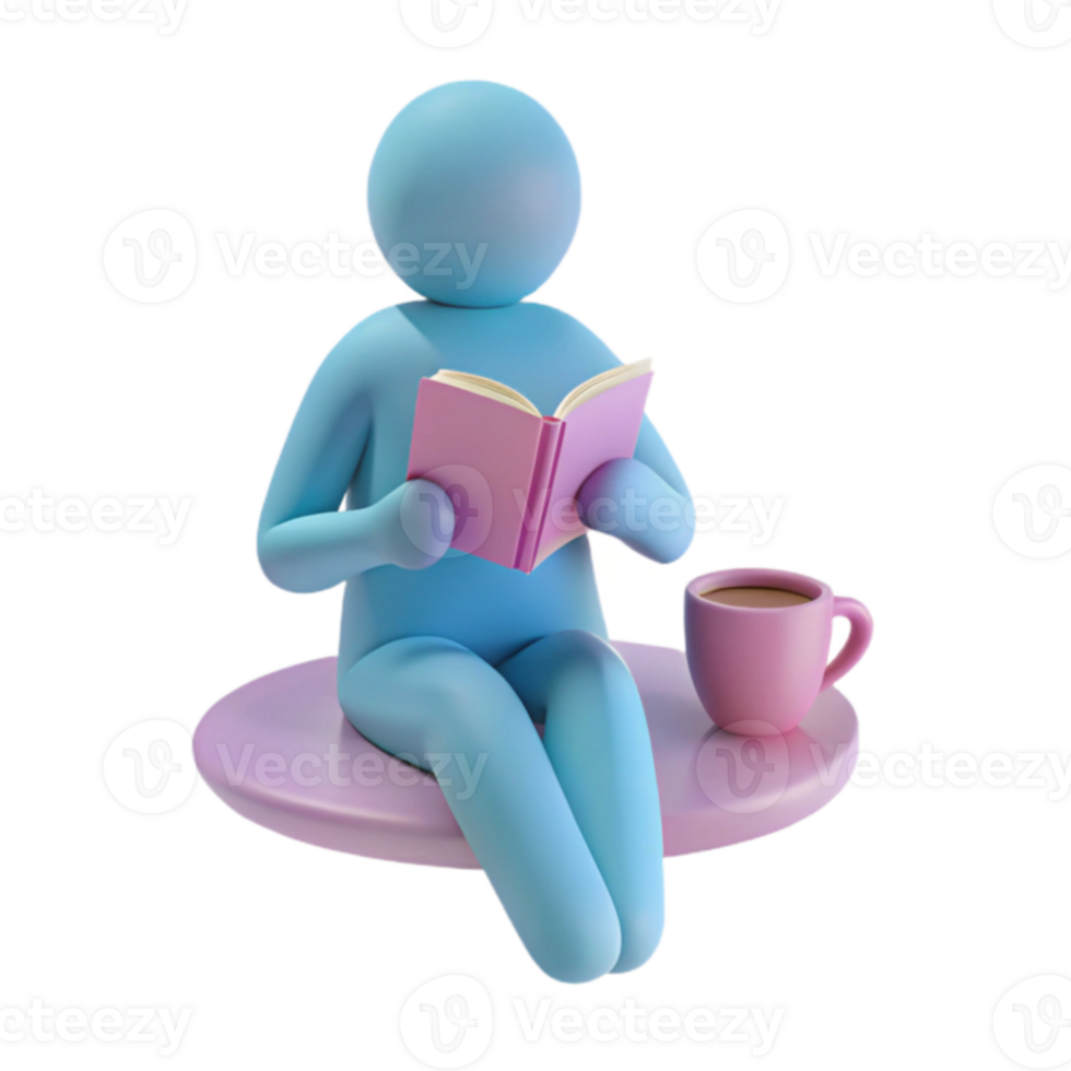 3D Render of a Person Sitting and Reading a Book with a Cup of Coffee png