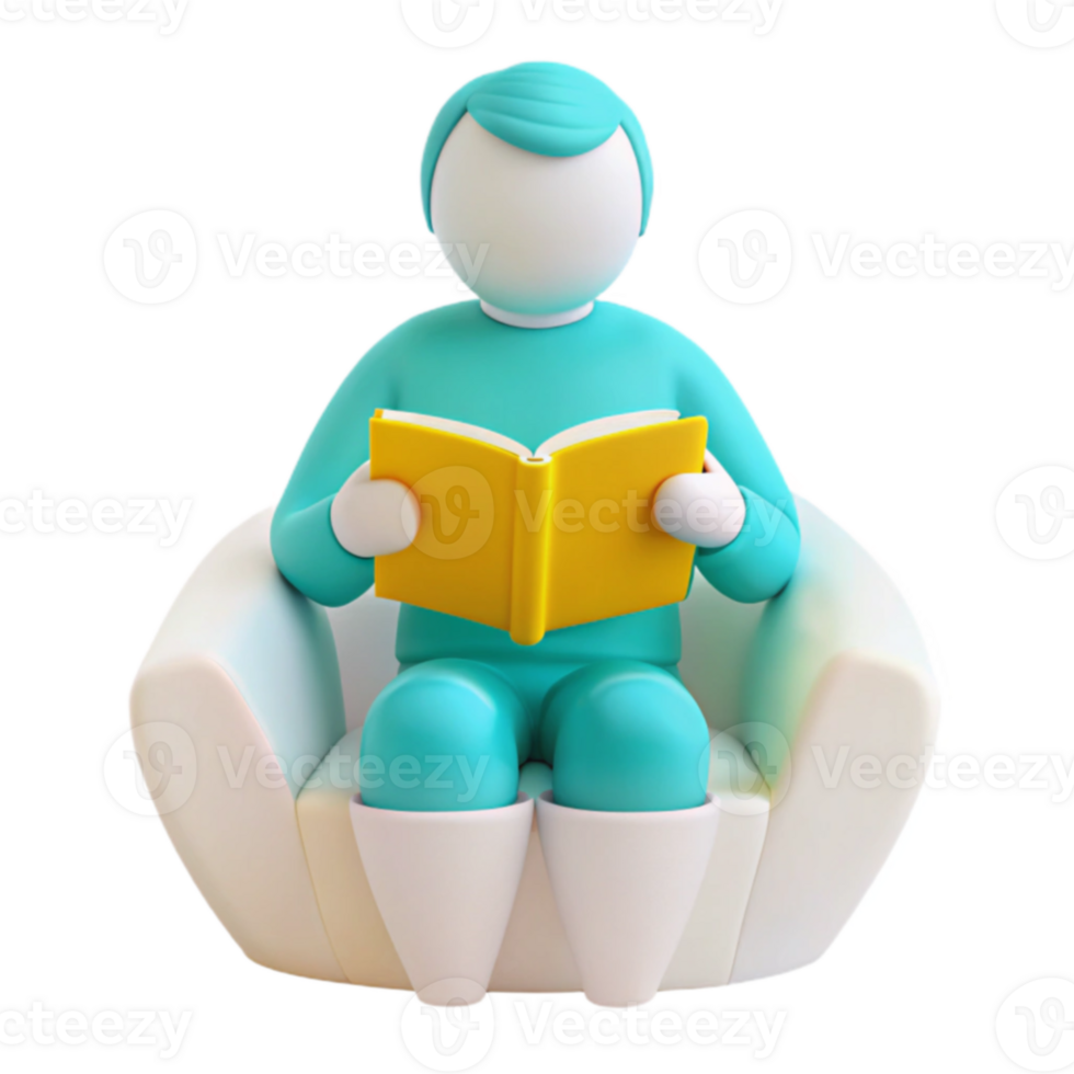 3D Cartoon Character Relaxing in a Chair Reading a Book png