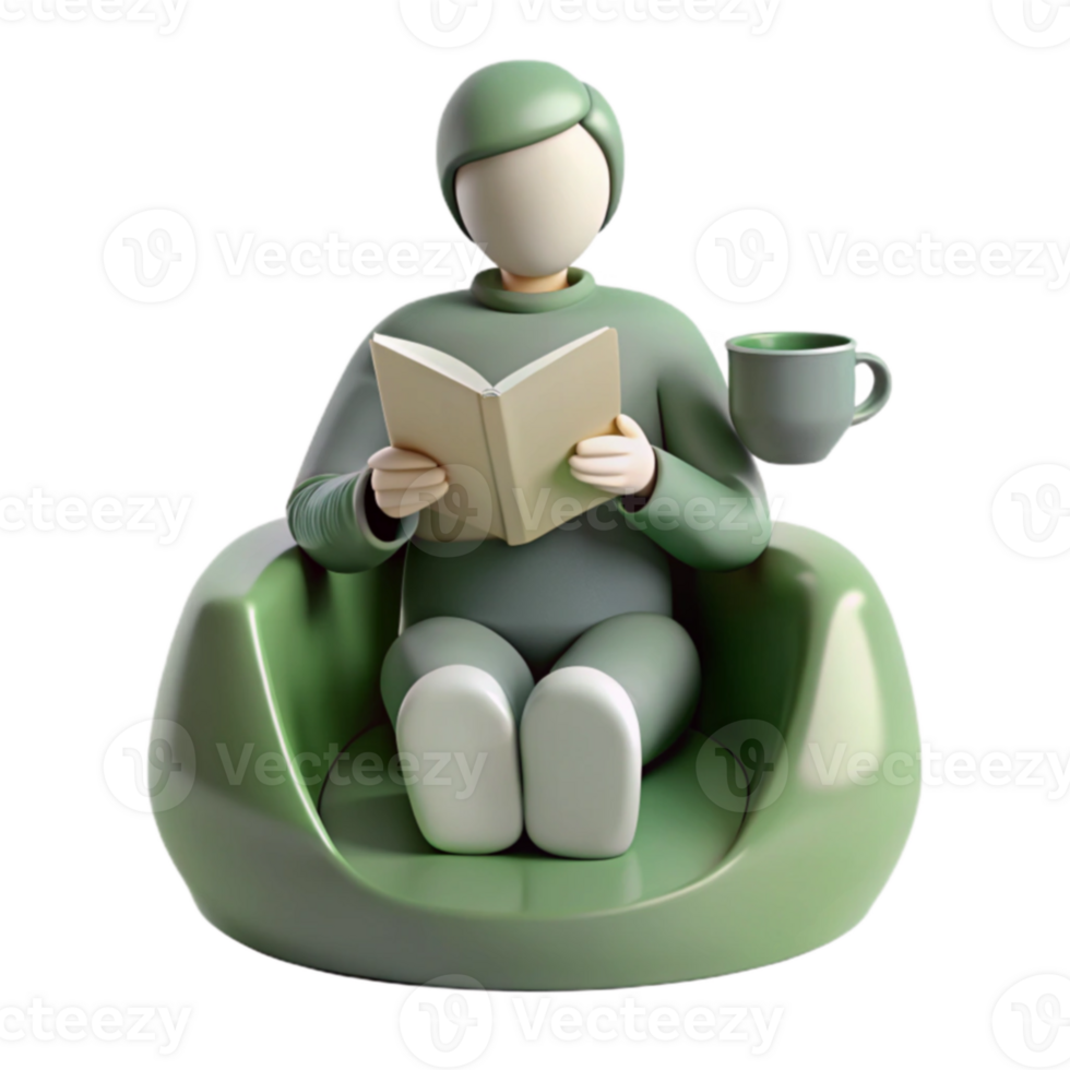 3D Illustration of a Person Relaxing in a Green Chair, Reading a Book and Enjoying a Cup of Coffee png