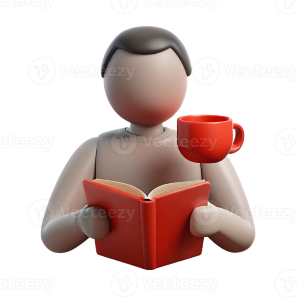 3D Render of Person Reading a Book with a Cup of Coffee png