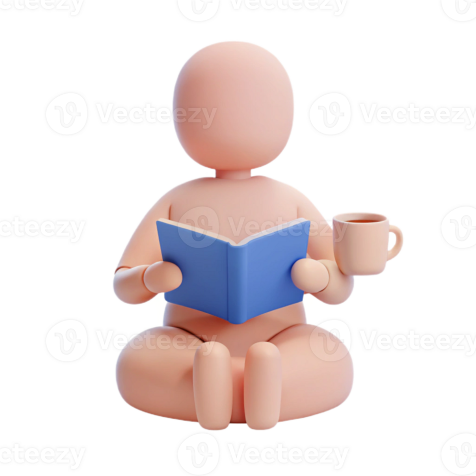 3D Character Reading a Book and Drinking Coffee png