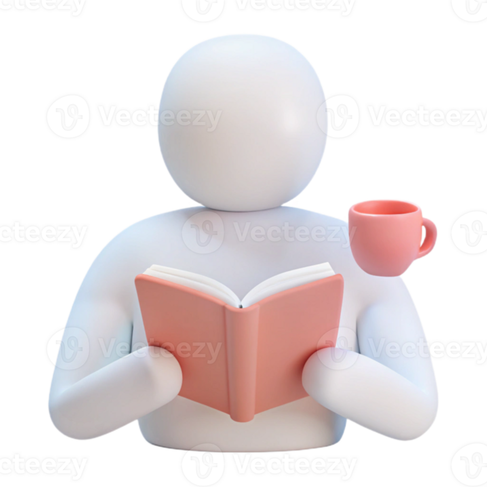 3D Illustration of a Person Reading a Book and Holding a Cup png