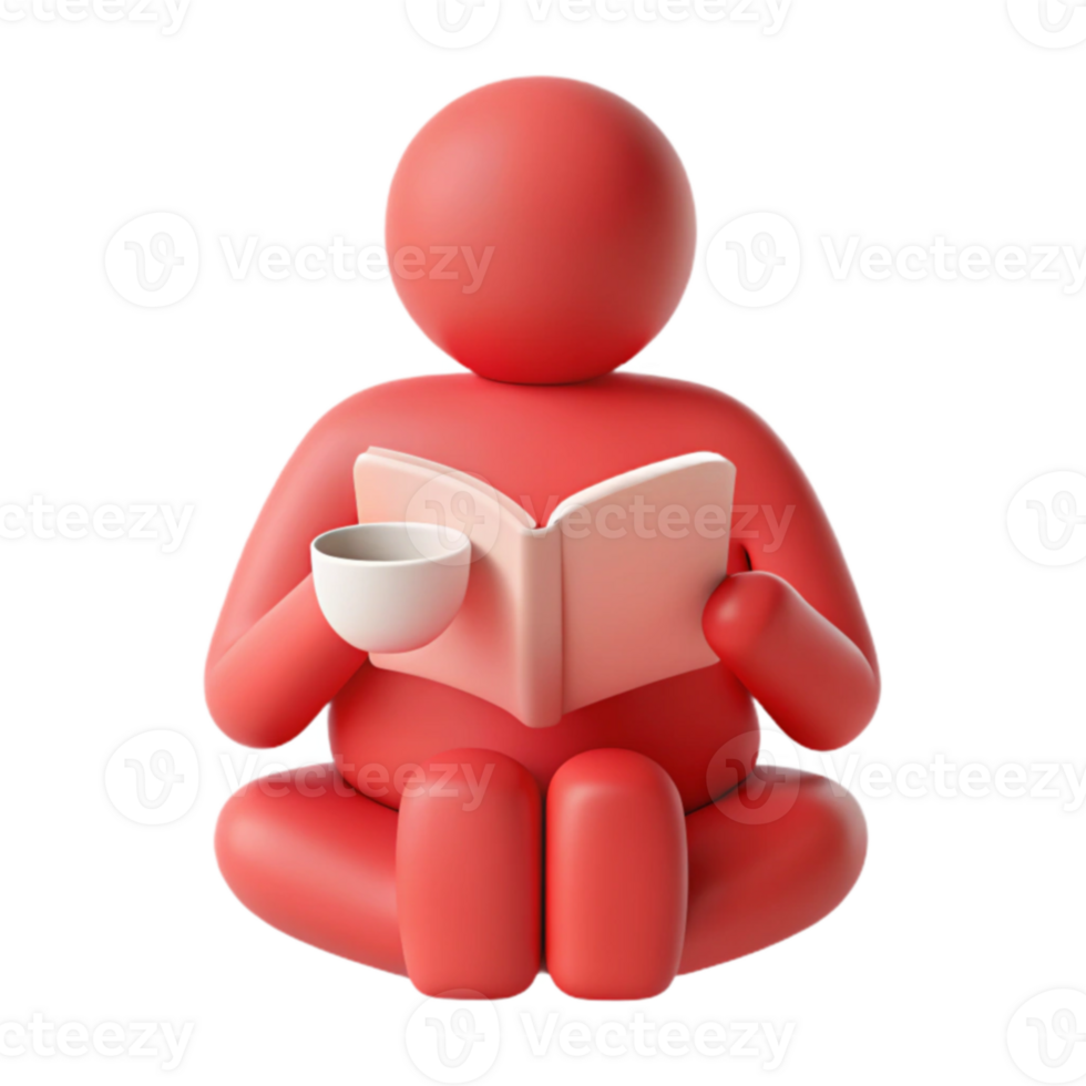 3D Illustration of a Person Reading a Book with a Cup of Coffee png