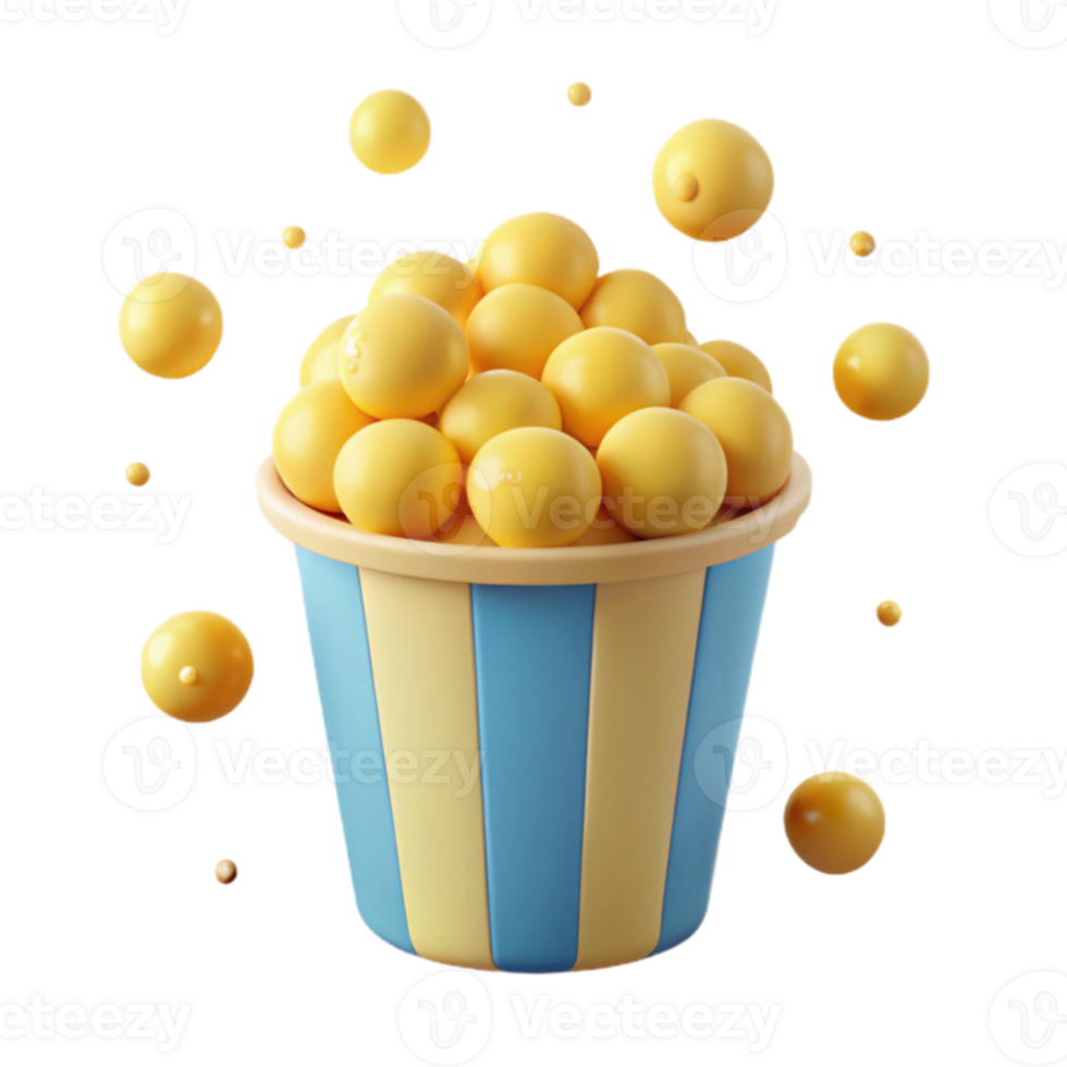 3D Popcorn in Striped Bucket with Flying Kernels png
