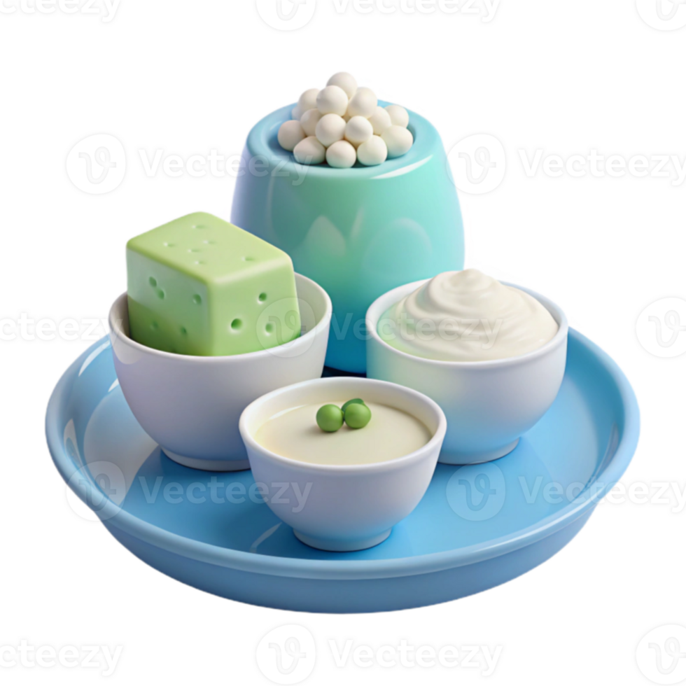 Creamy Dessert Platter with Green Gelatin Cubes and White Topping png