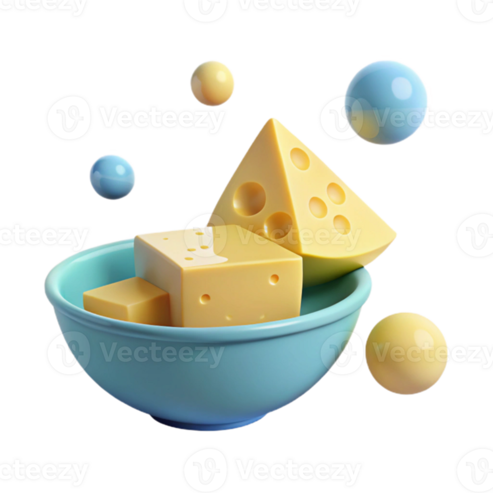 3D Rendered Cheese in a Bowl with Yellow and Blue Spheres png