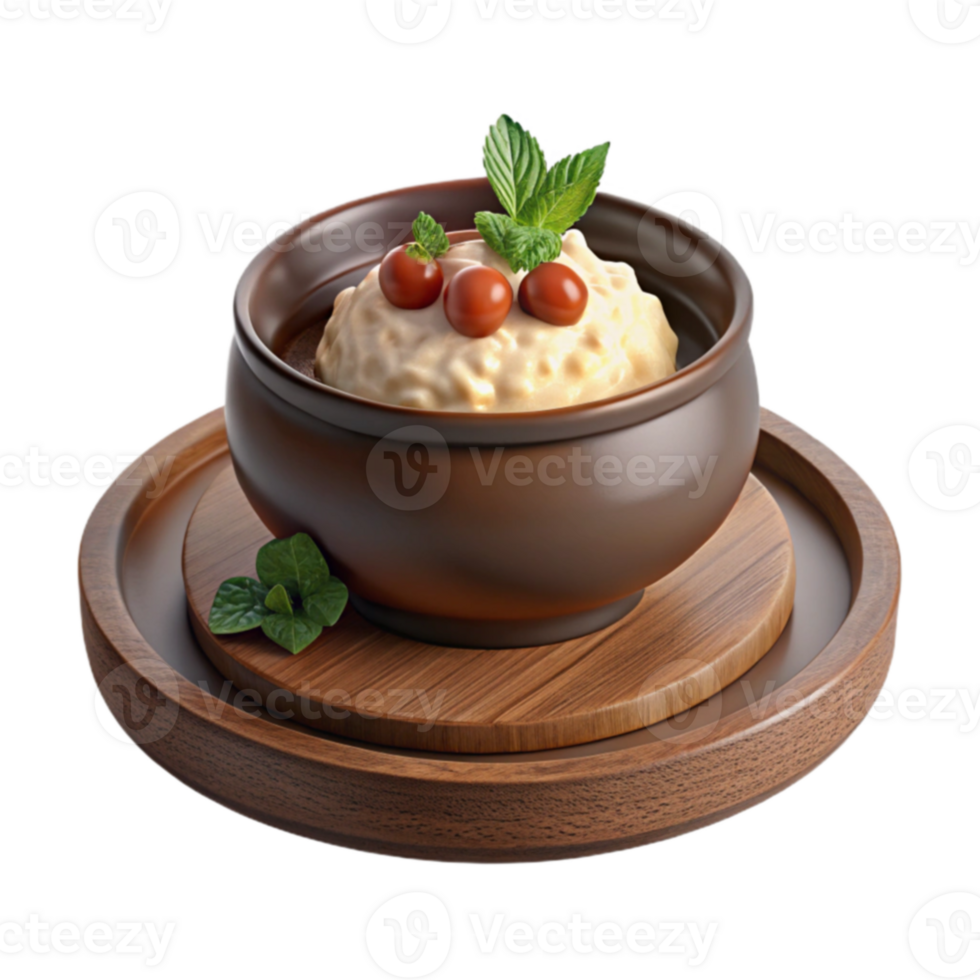 Creamy Dessert with Berries and Mint in a Brown Bowl on a Wooden Plate png
