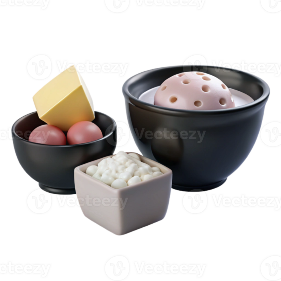 Three Bowls of Food with Different Ingredients png