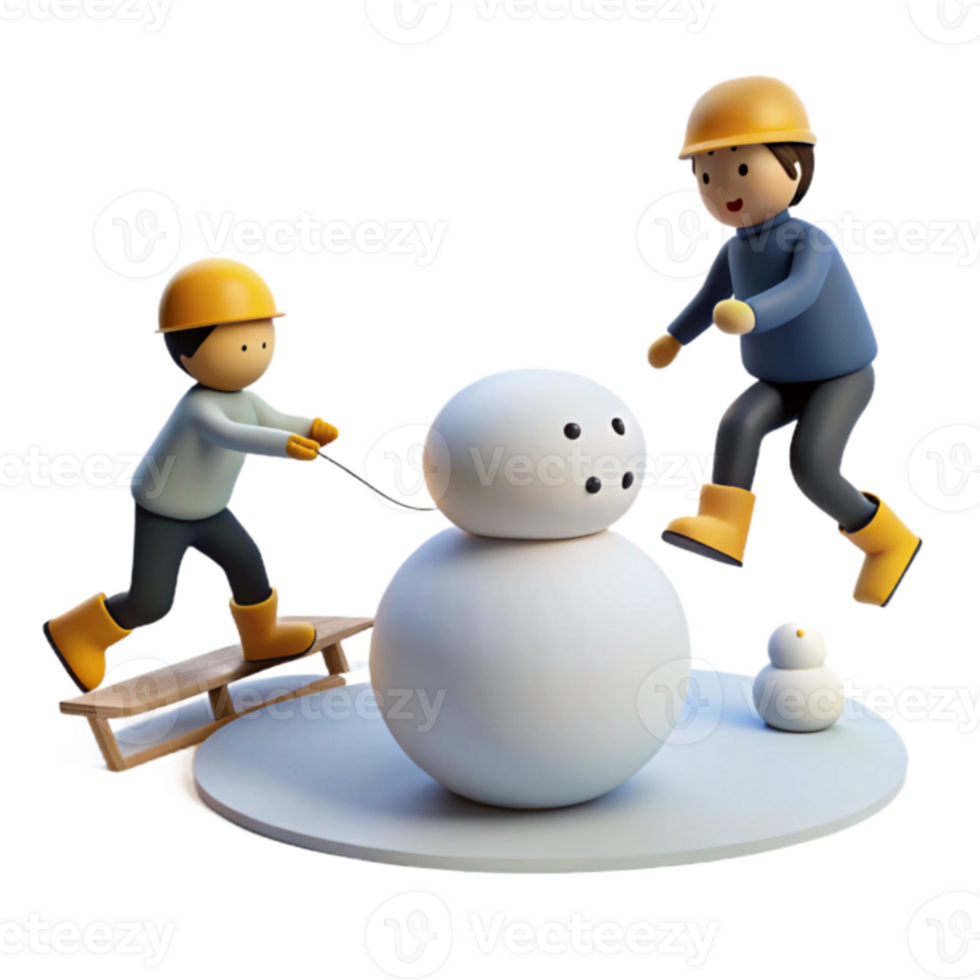 Snowman Building Fun 3D Illustration of Friends Making a Snowman png