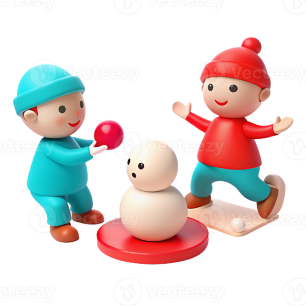 Playful Characters Enjoying Winter Fun with Snowman and Red Ball png