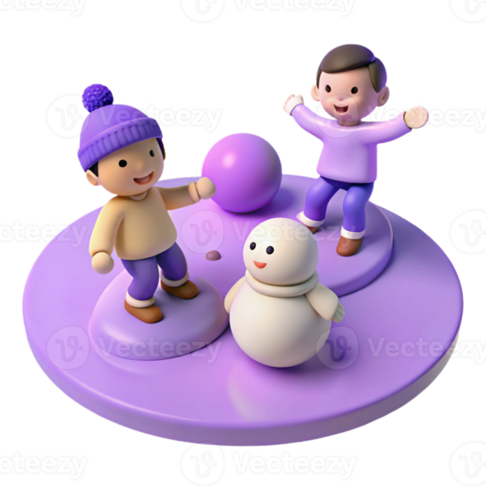 Playful 3D Characters Enjoying Winter Fun with a Snowman png