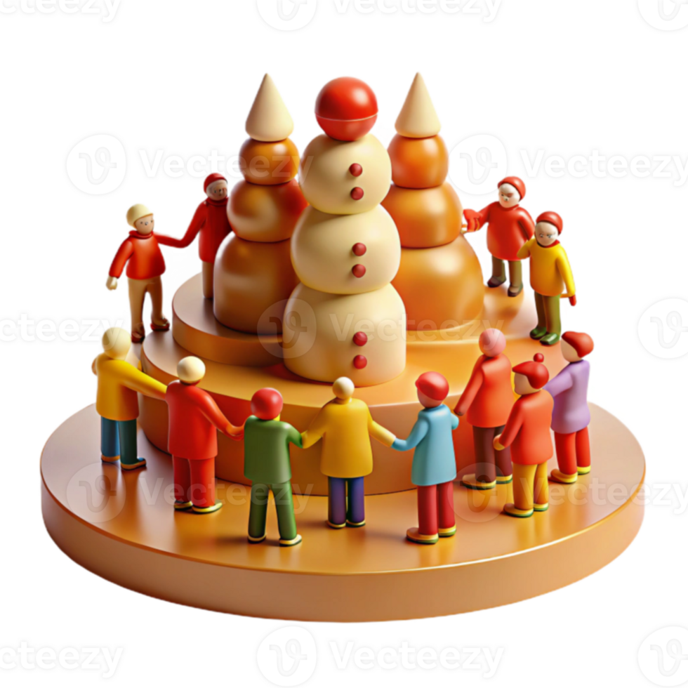 Colorful Toy Figures Surrounding a Snowman and Stacked Cones png