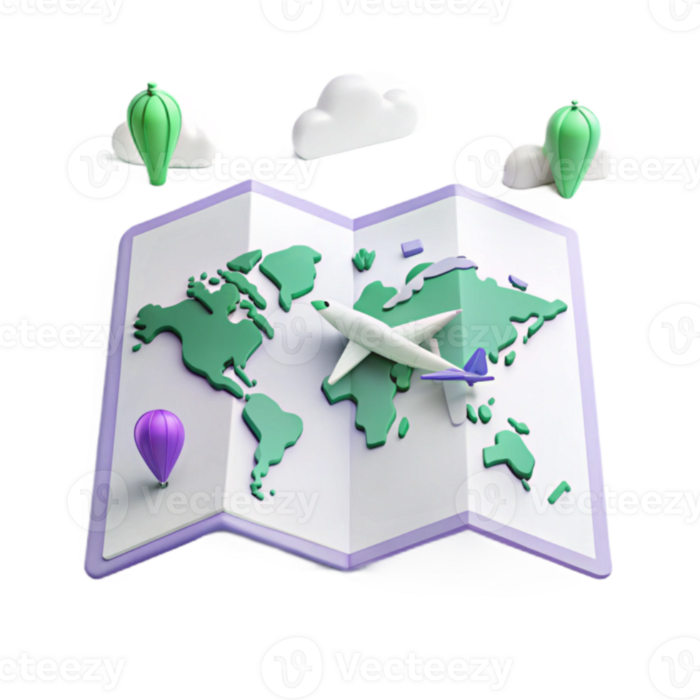 World Map with Airplane and Hot Air Balloon for Travel Illustration png
