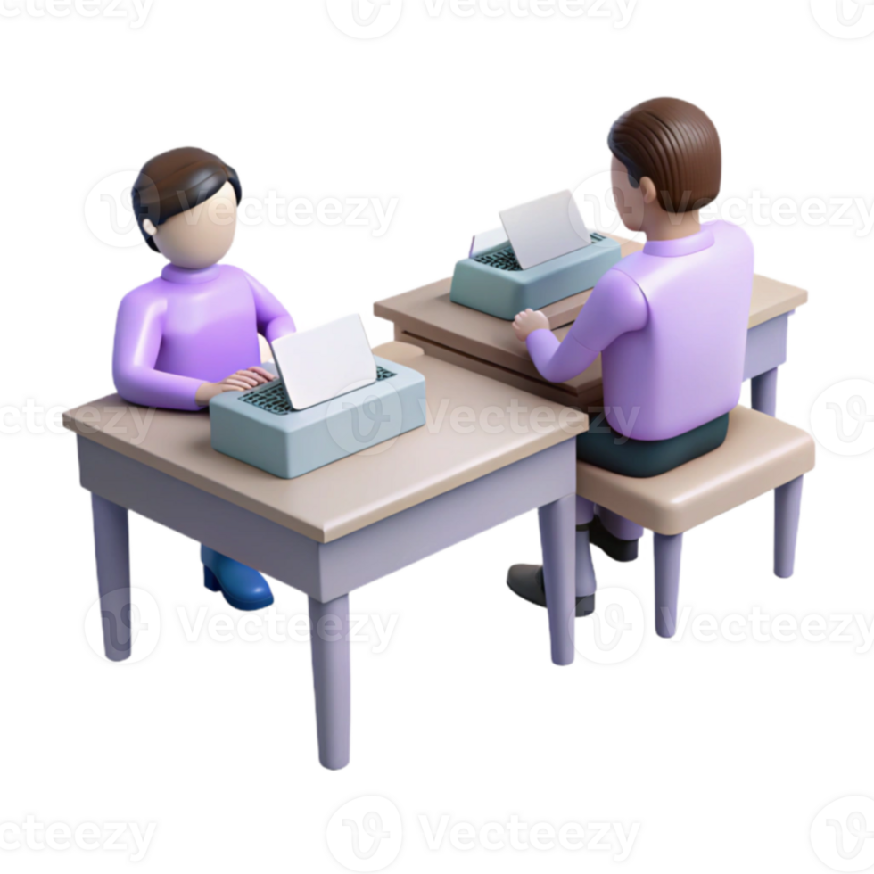 Two People Sitting at Desks Using Typewriters png