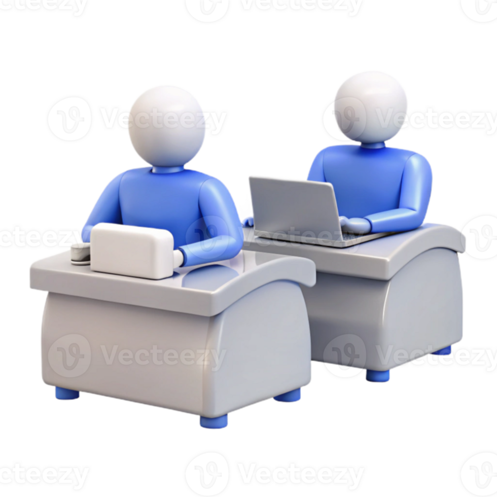 dois 3d personagens trabalhando às mesas com laptops png