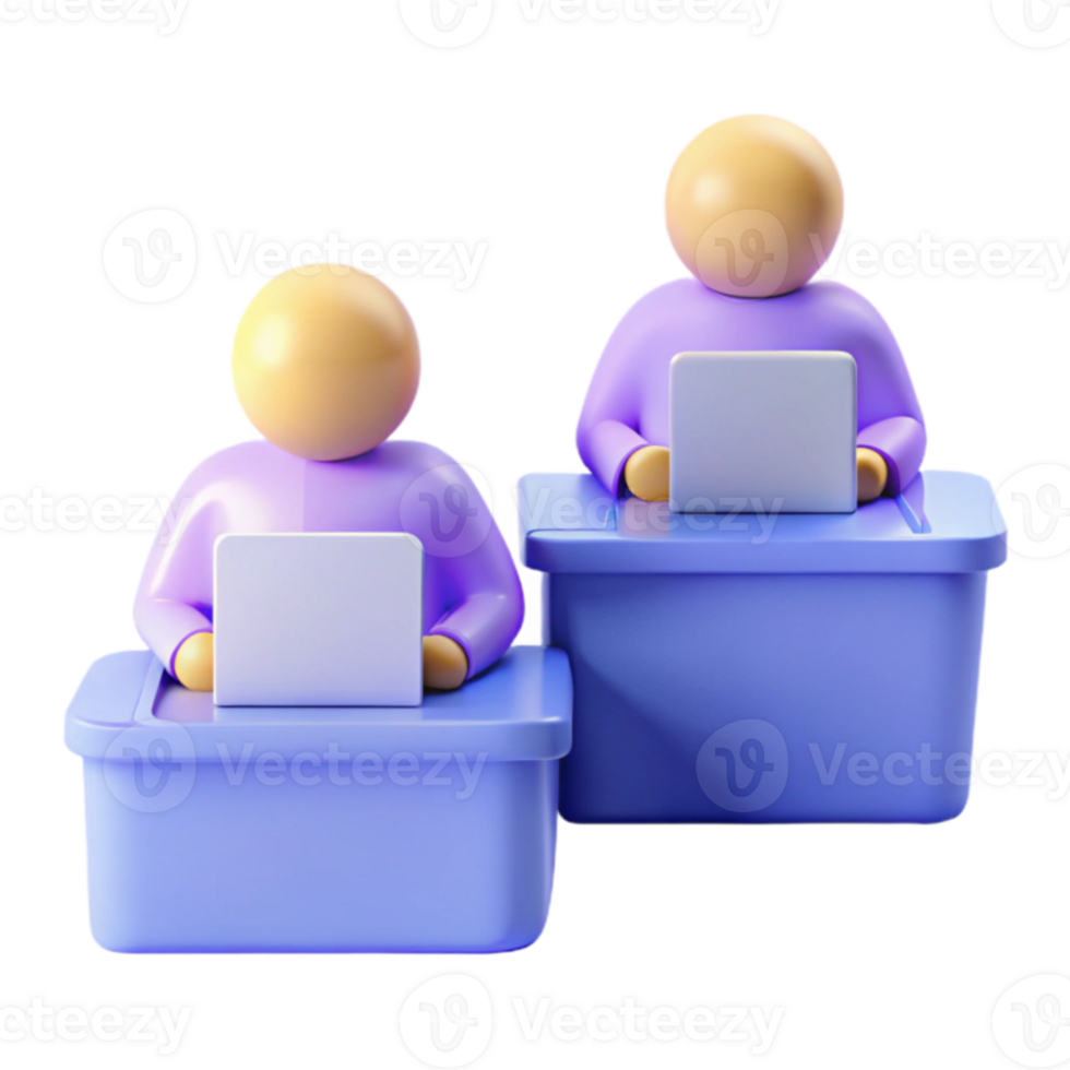 3D Illustration of Two People Working on Laptops at Desks png
