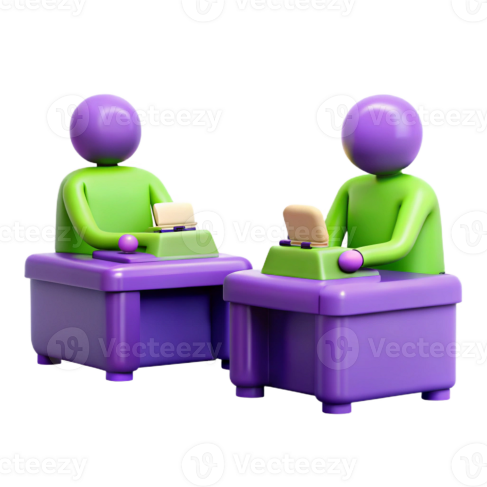 3D Render of Two Figures Sitting at Desks png