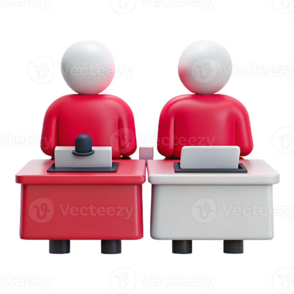 Two 3D Figures Sitting at Desks, One With Microphone png