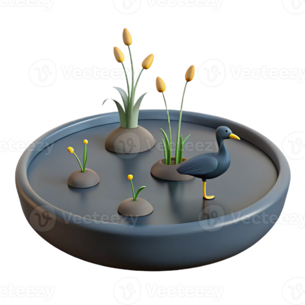 3D Render of a Duck in a Small Pond with Plants png