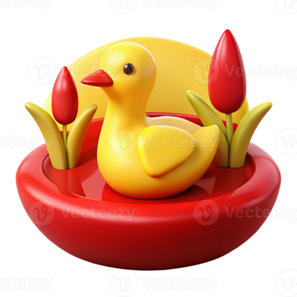 Yellow Duckling in a Red Nest with Tulips png