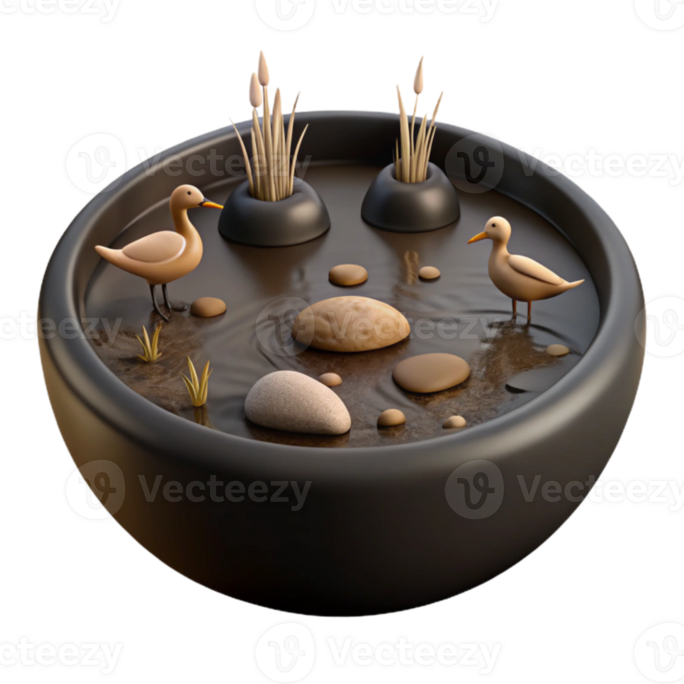 3D Render of a Small Pond with Two Birds and Rocks png