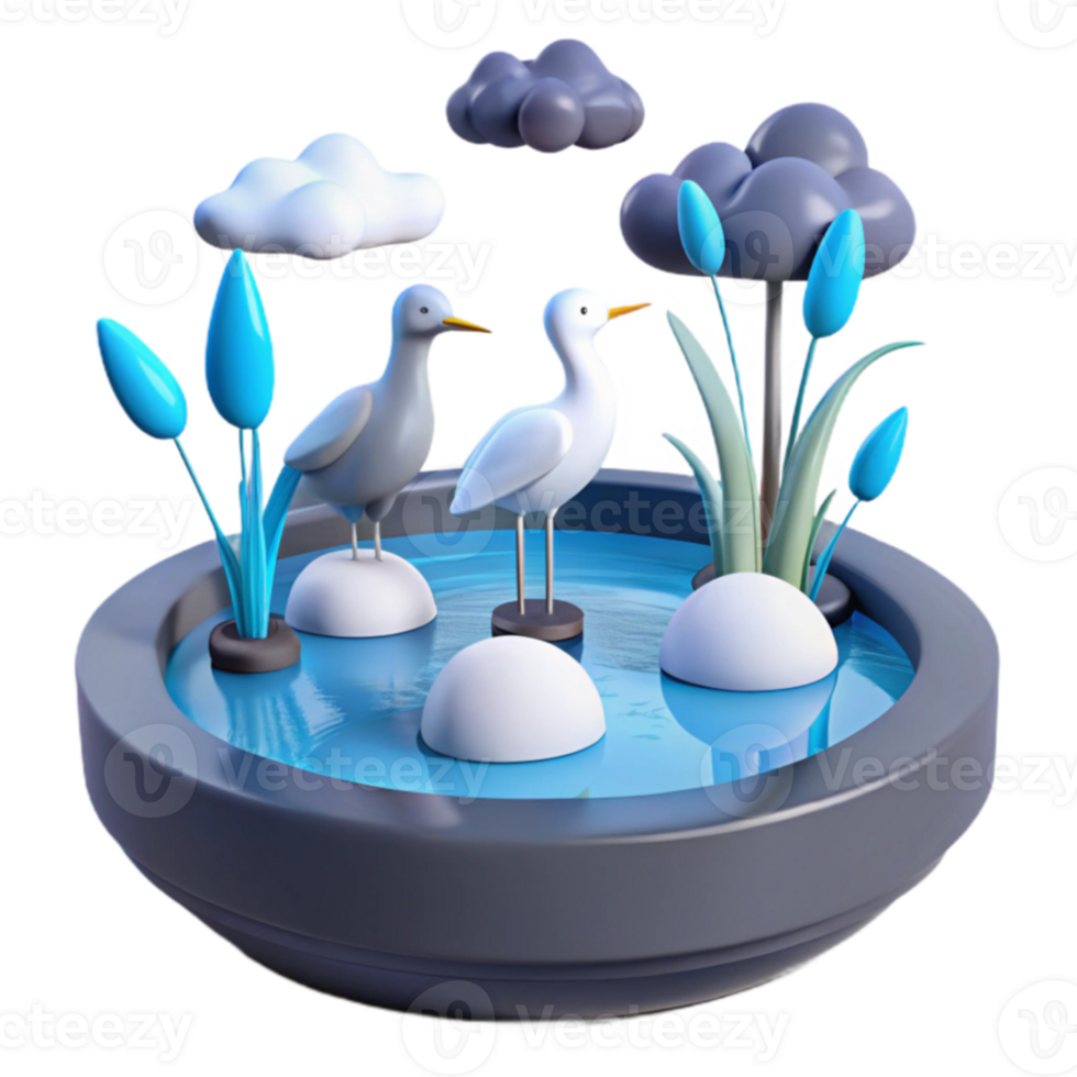 3D Rendered Scene with Birds in a Pond png