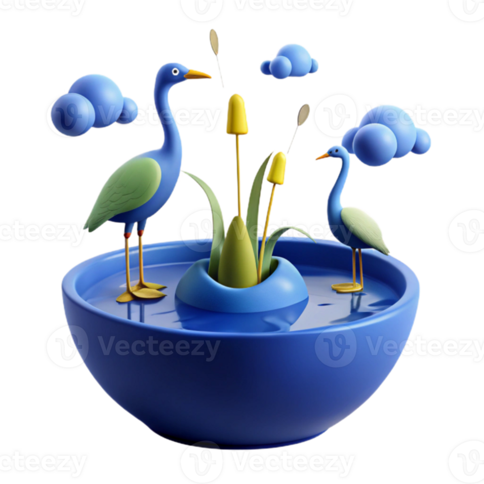 3D Rendered Scene of Two Birds in a Pond with Clouds png