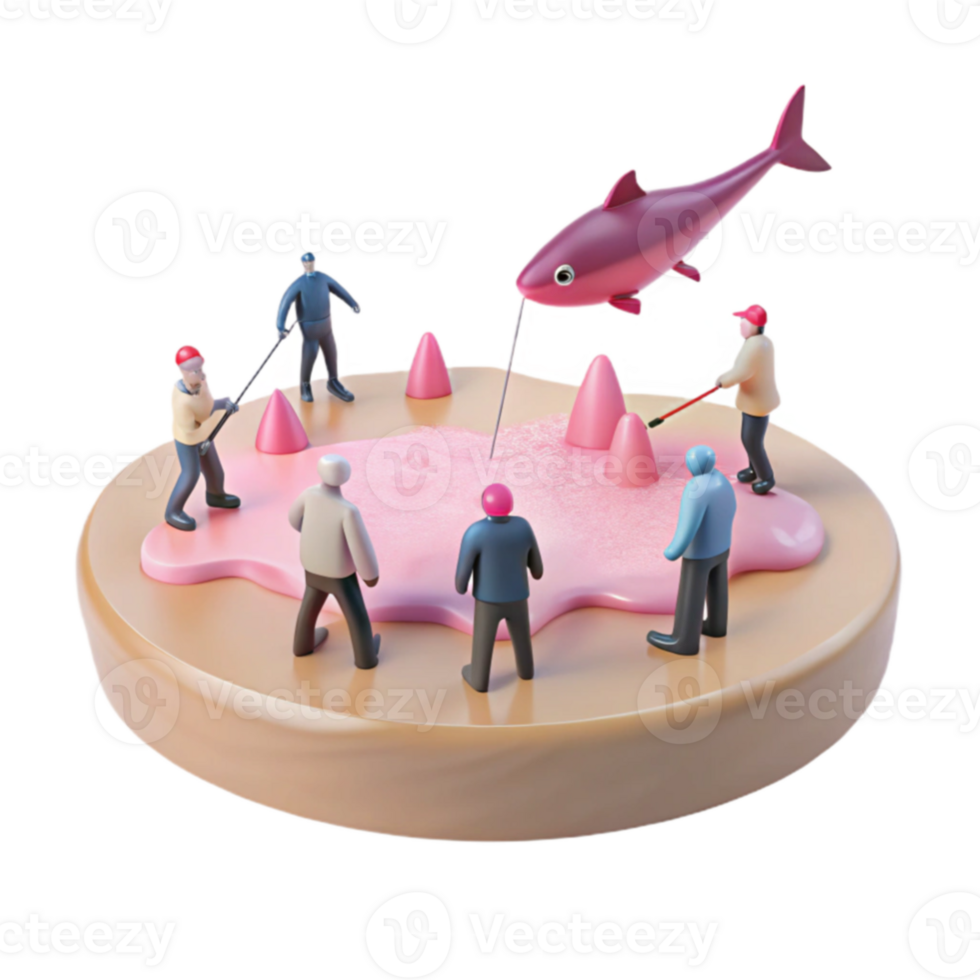 Surreal 3D Illustration of Miniature Figures Attempting to Catch a Fish with Rods on a Pink Circular Platform png