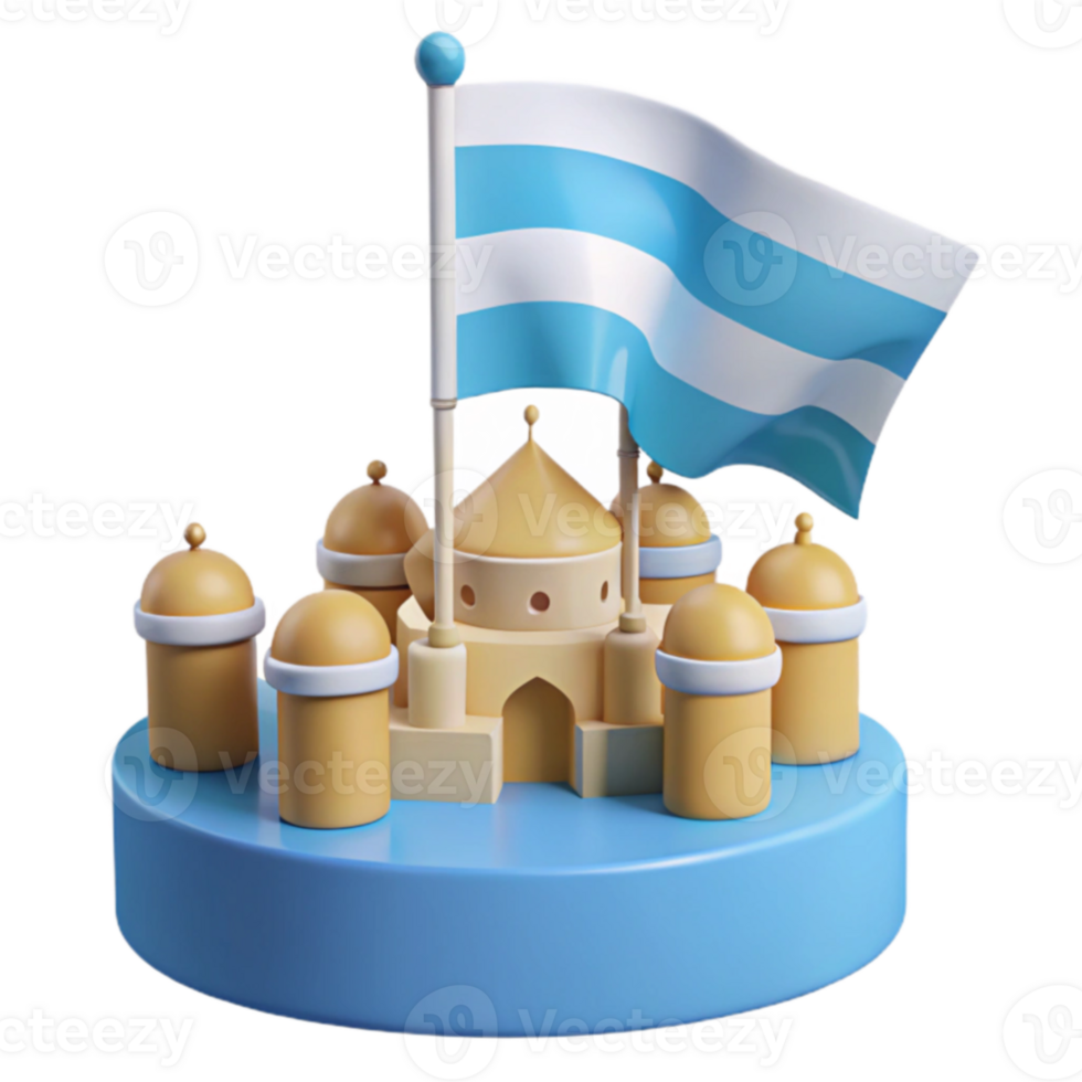 3D Render of a Castle with a Blue and White Flag png