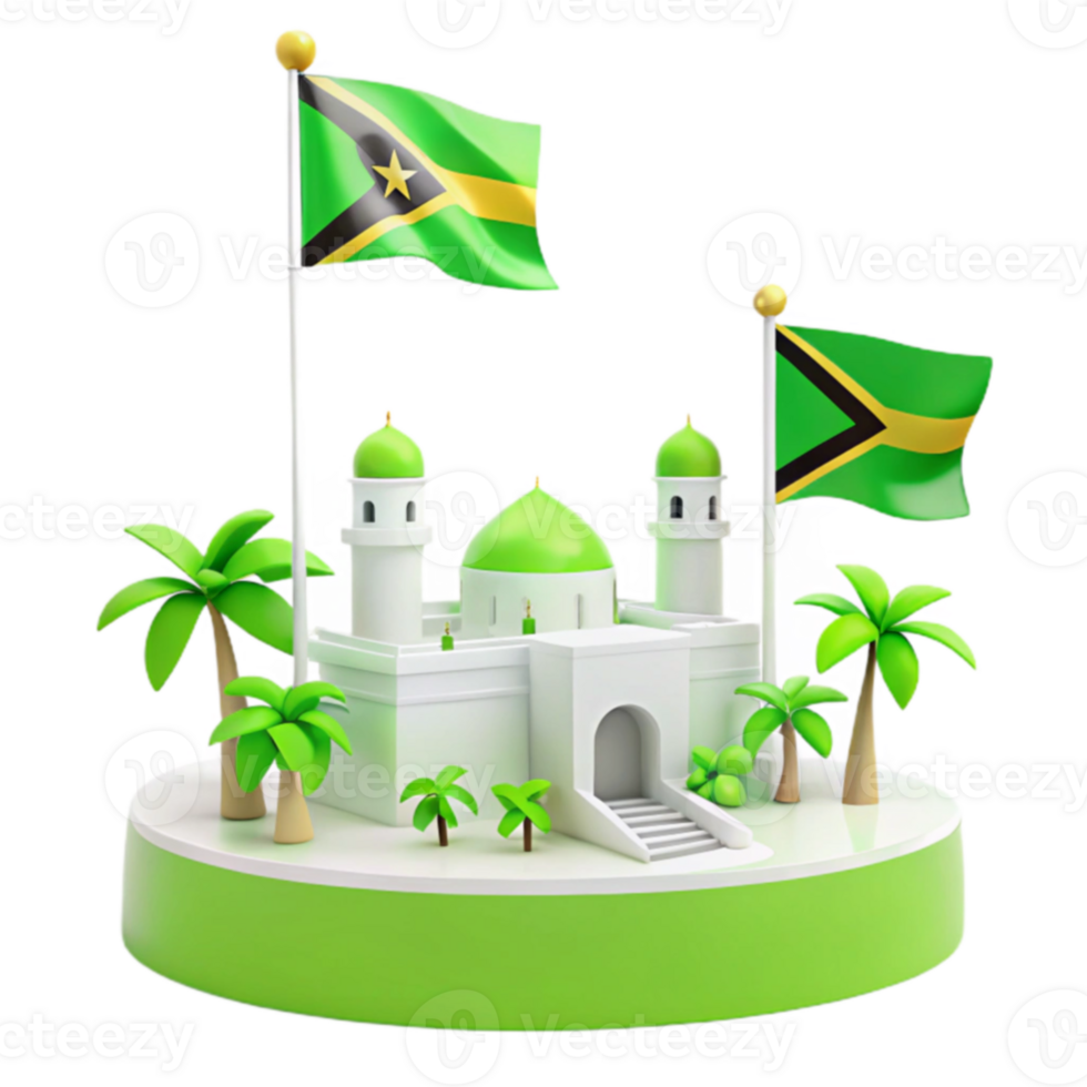 Mosque with Green Domes and Palm Trees Under a Flag png