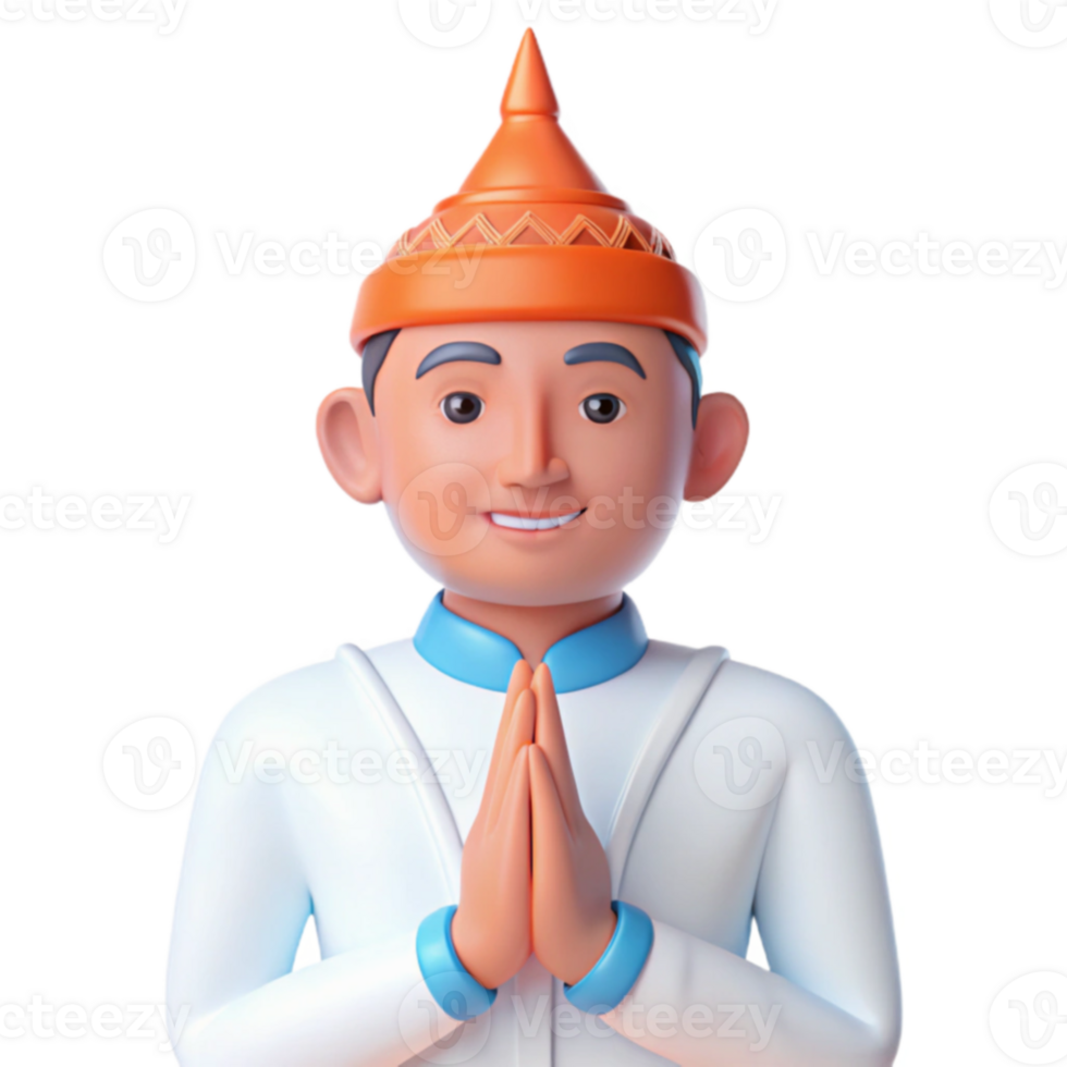 Smiling 3D Character in Traditional Clothing with Hands in Prayer Position png