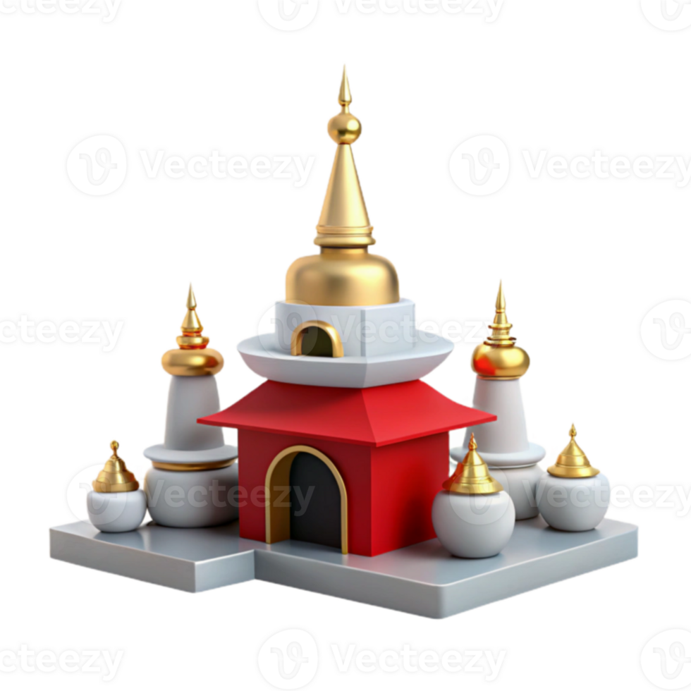 3D Render of a Red and White Pagoda with Golden Domes png