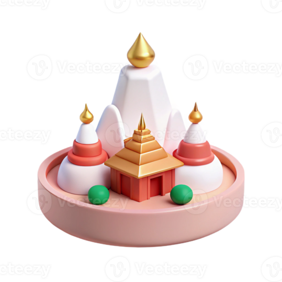 3D Illustration of a Miniature Temple with Golden Roof and Red Walls png
