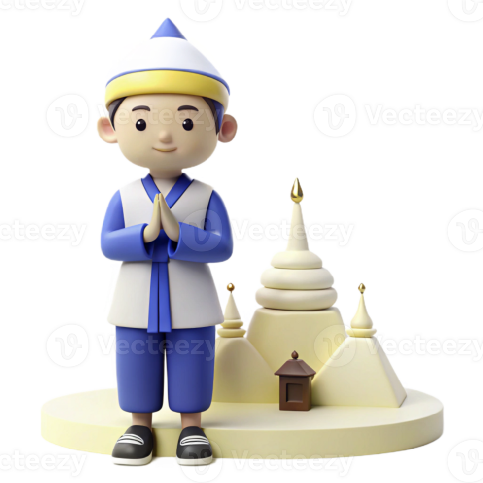 3D Render of a Cartoon Person in Traditional Clothing Bowing in Front of a White Pagoda png