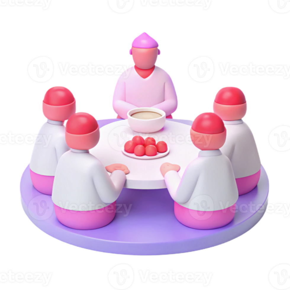 3D Render of People Sitting Around a Table with Food and Drink png