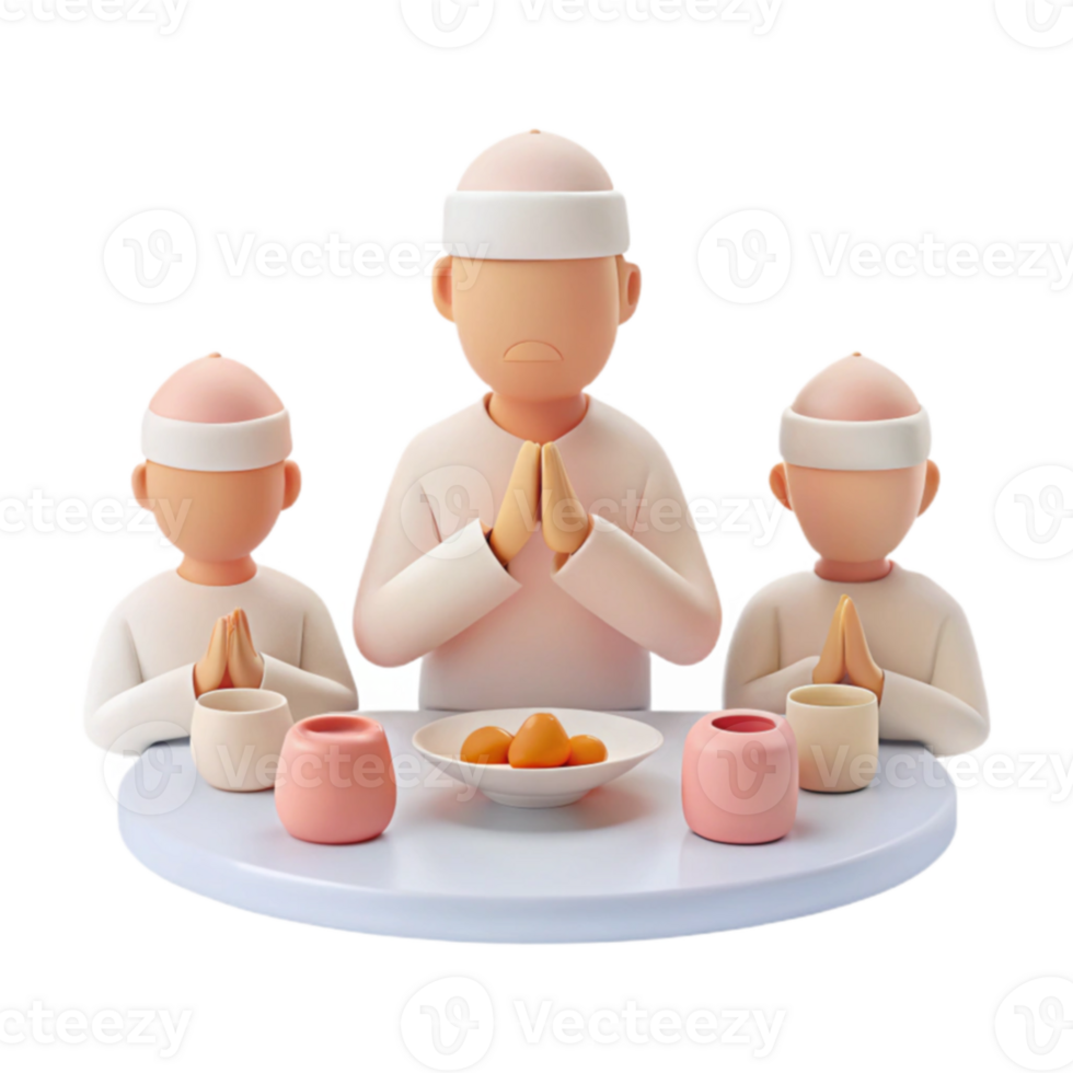 3D Illustration of Three People in White Robes Praying at a Table with Food png