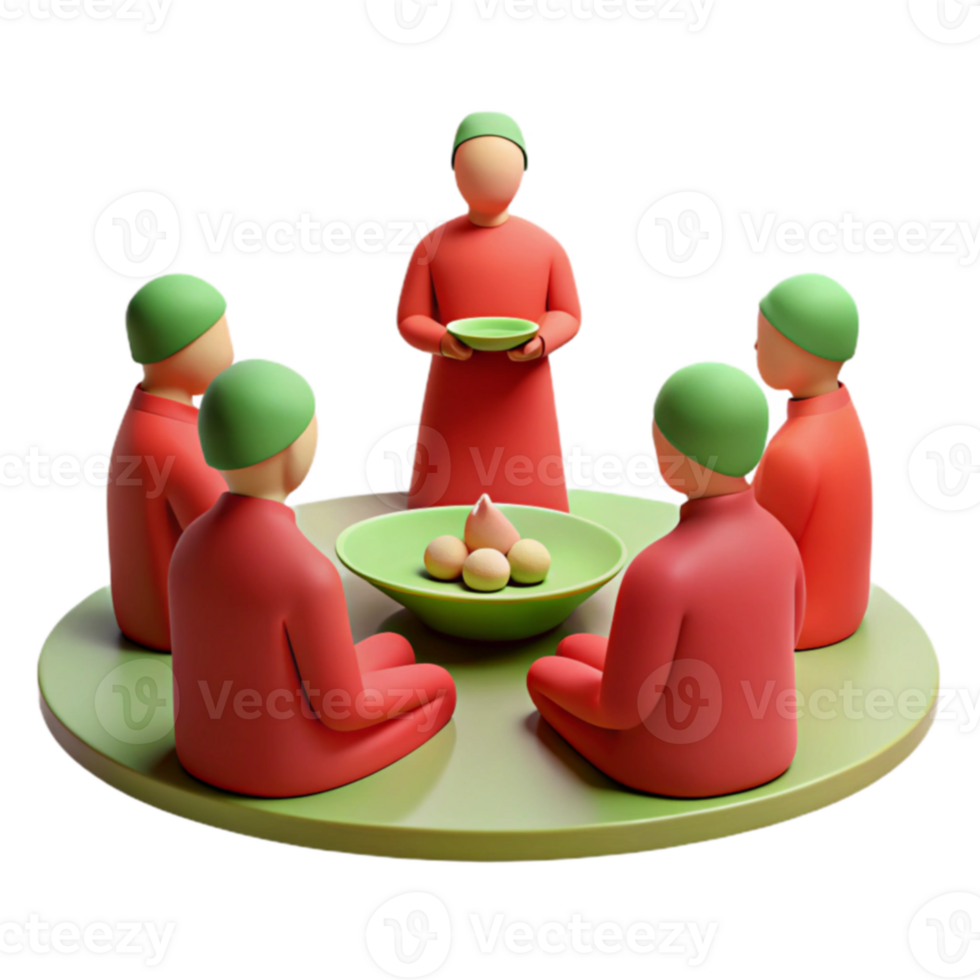 3D Illustration of a Group of People Sitting in a Circle Around a Bowl of Food png