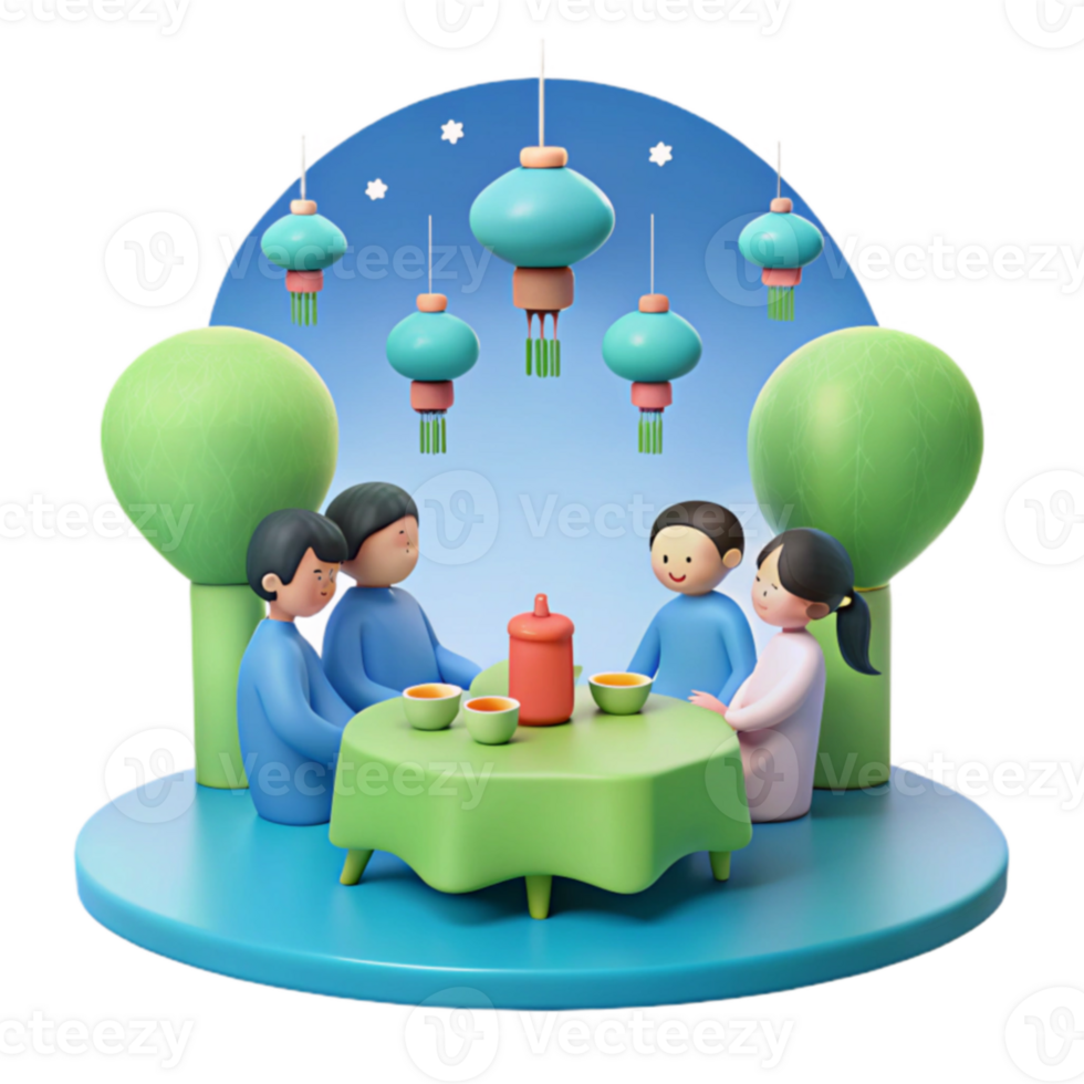 Friends Gather for Tea Under Lanterns png
