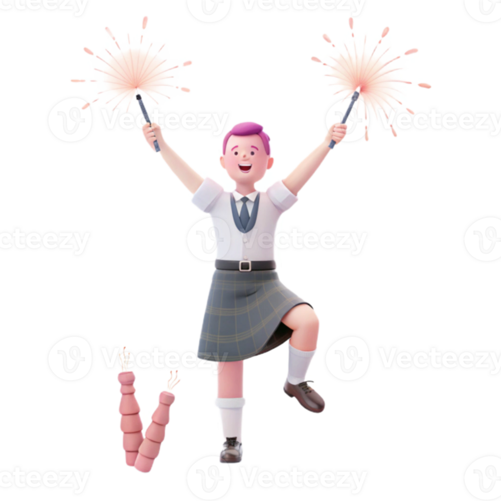 Cheerful Boy in Kilt with Sparkly Props png