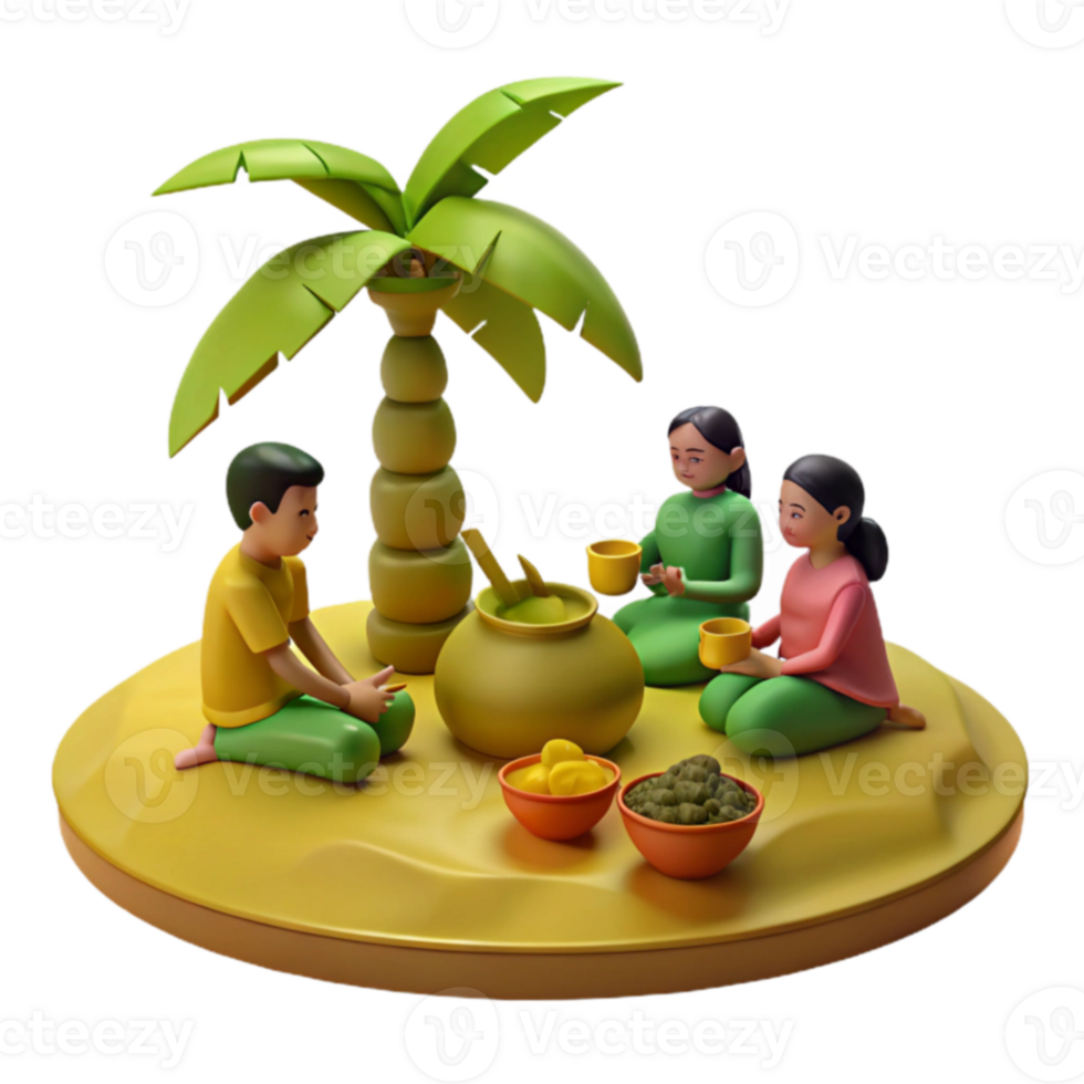 3D Render of People Under Palm Tree png