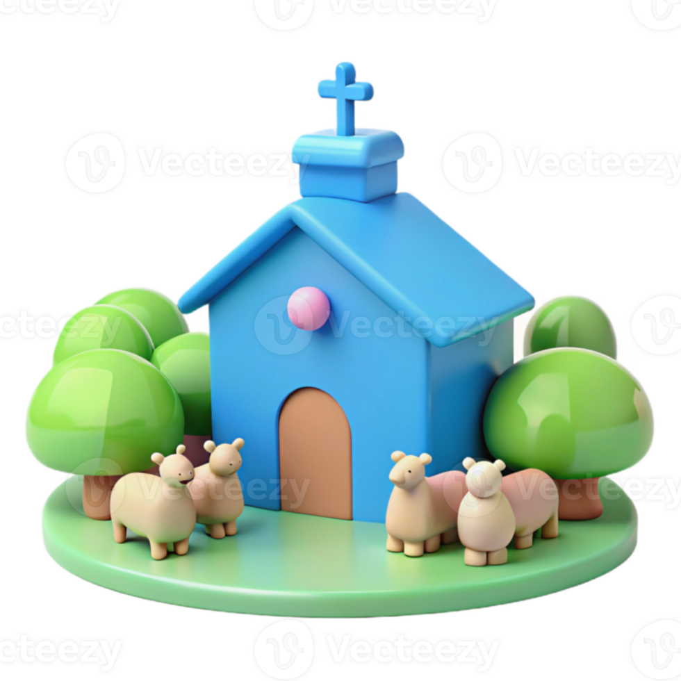 Cute 3D Church with Sheep png