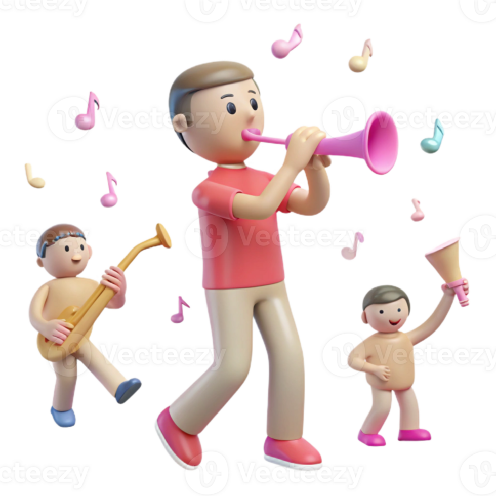 Family Music Fun Joyful 3D Characters Playing Instruments png