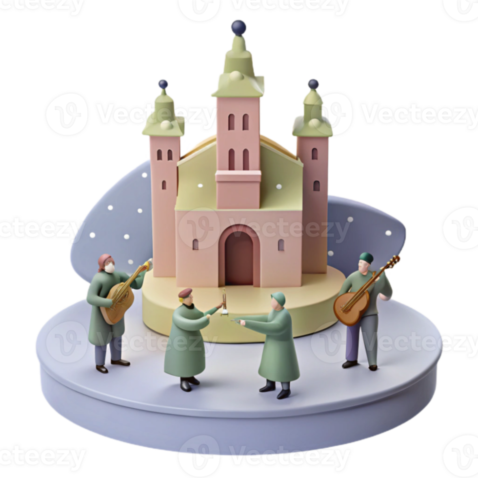 3D Render of Castle with Musicians png