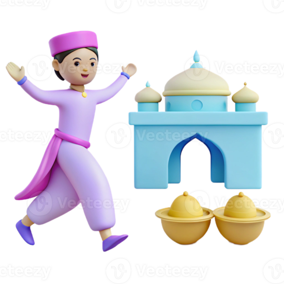 3D Character Running Towards Mosque png