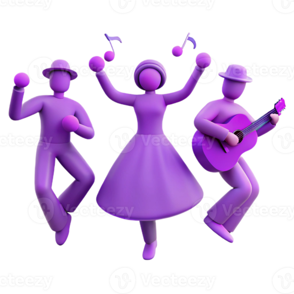 Purple 3D Characters Dancing and Playing Guitar png