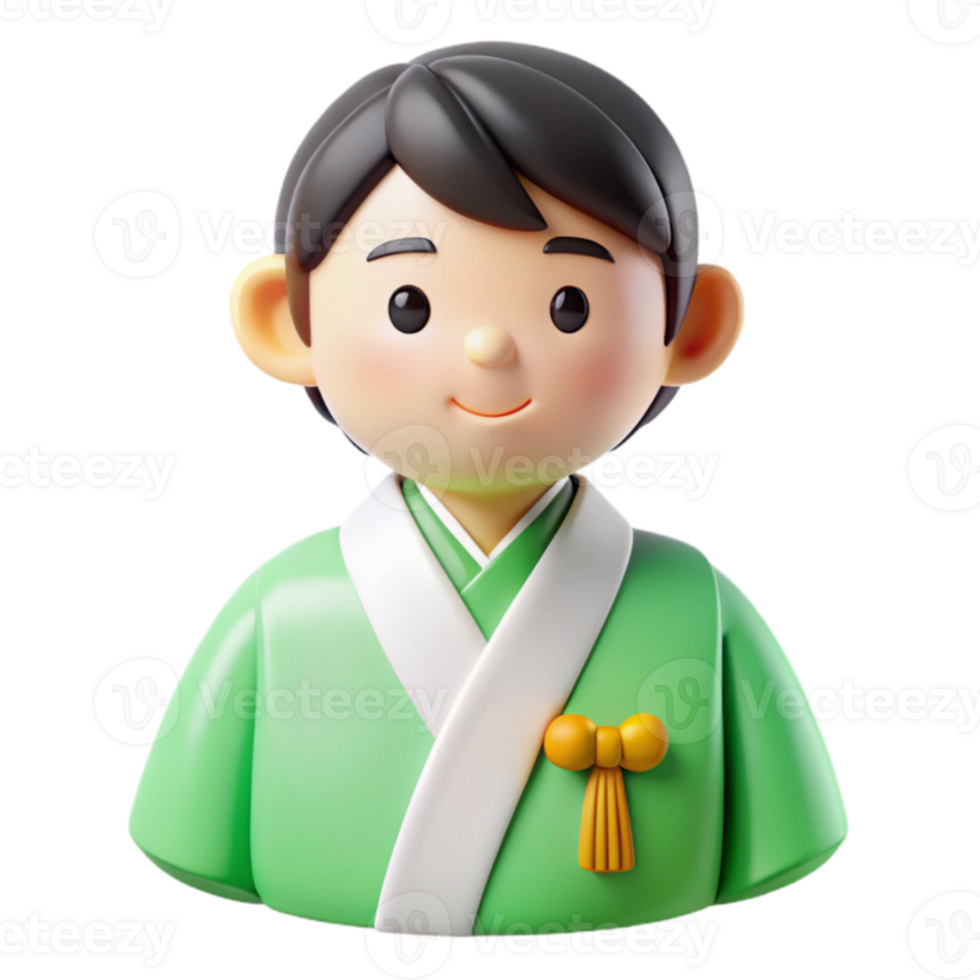 Smiling 3D Character in Green Kimono png
