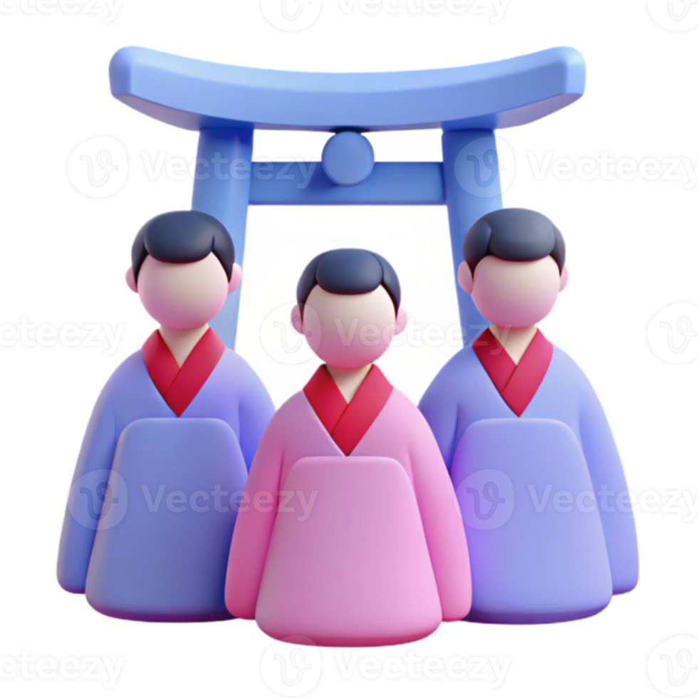 3D Asian Characters with Torii Gate png